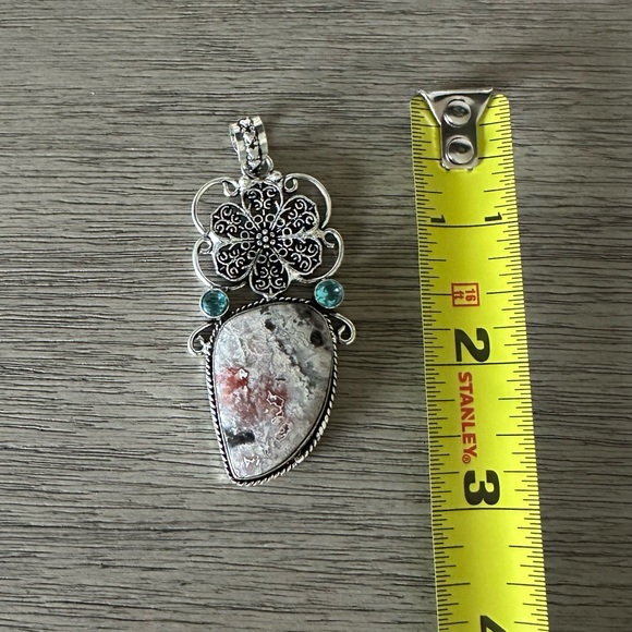 1037 Crazy Lace Agate Blue Topaz Pendant Handmade Silver Statement Jewelry - Picture 5 of 7